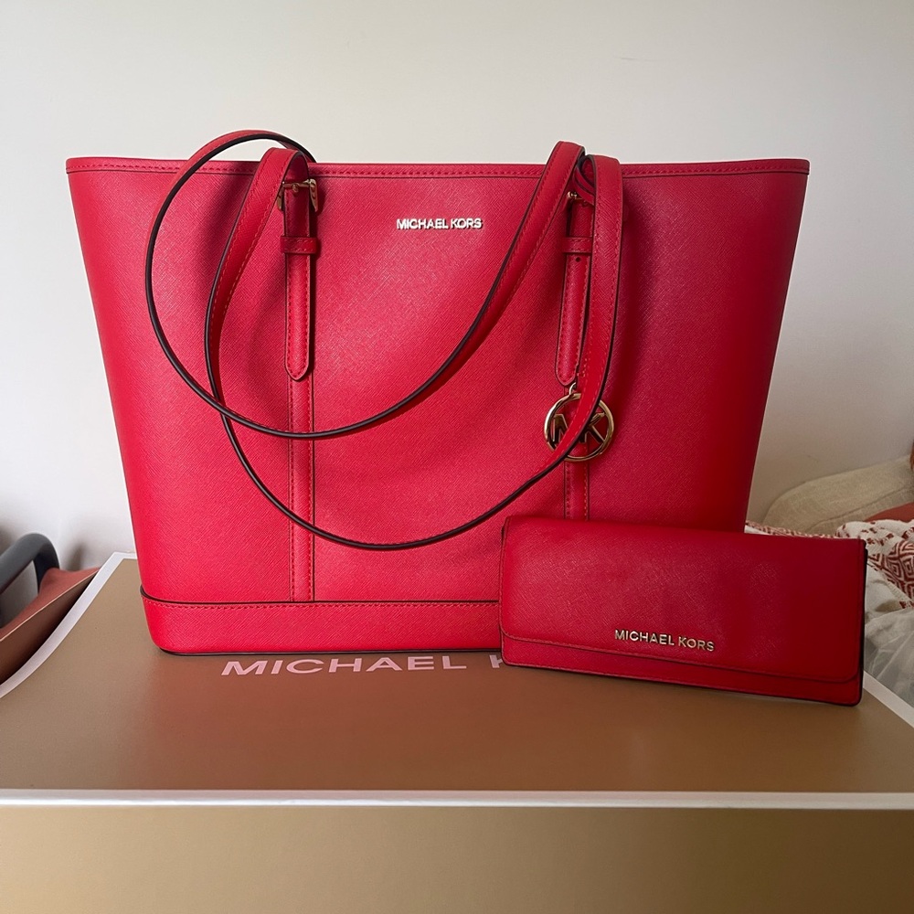 BRAND NEW Michael Kors Red Leather Tote & Wallet